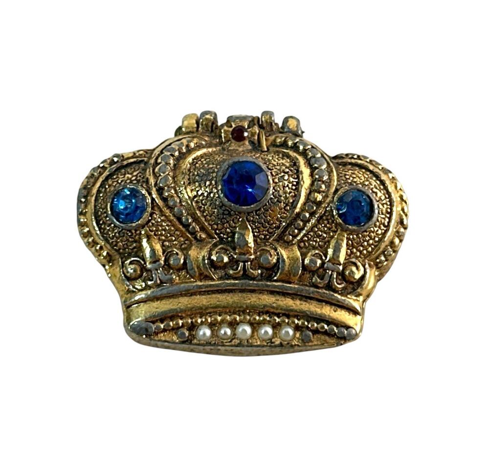 Vintage Jeweled Crown Pendant Pill Box Gold Tone Blue Rhinestone Faux Pearl